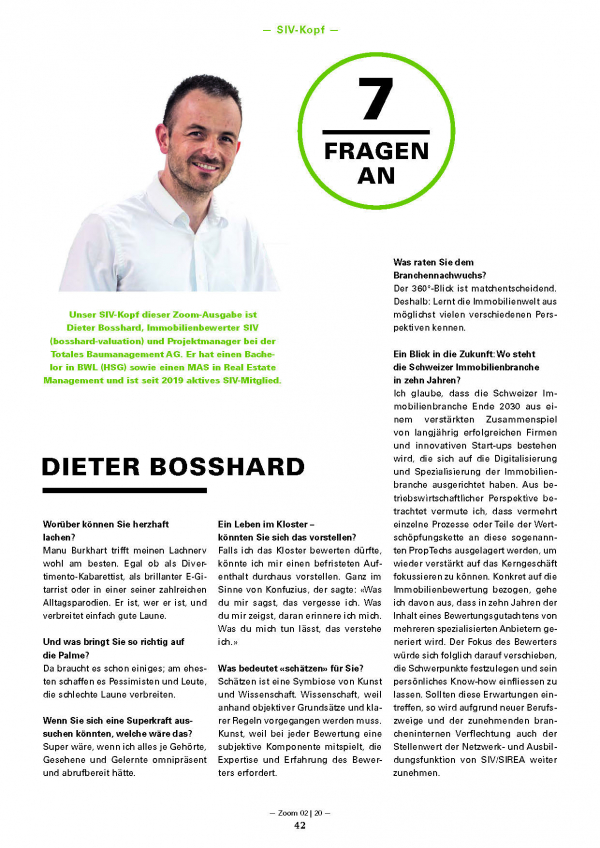 7 Fragen an Dieter Bosshard im Magazin des Schweizer Immobilienschätzer-Verbandes (SIV)